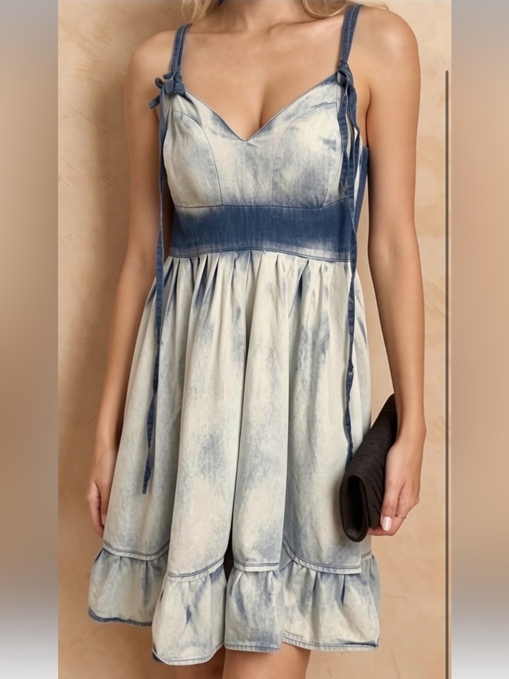 ONLY LIMITLESS Tie-Dye Bleached Denim Fit & Flare Ruffle Mini Dress - Size 40